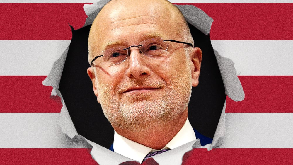 Photoillustration of Brendan Carr popping his head out of an American flag.