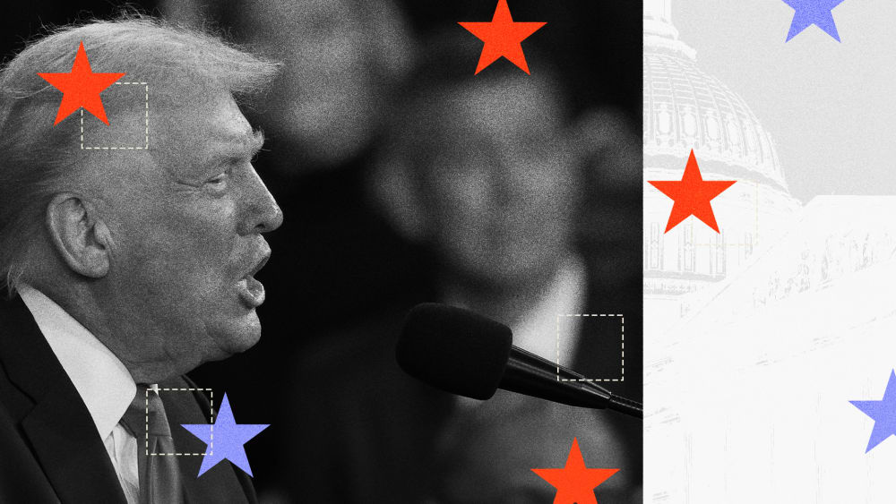 A photo illustration featuring Donald Trump with red and blue stars overlayed.