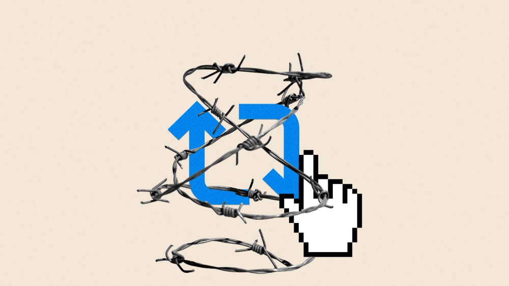 Photoillustration of a cursor clicking a repost button with barbed wire overlaid.