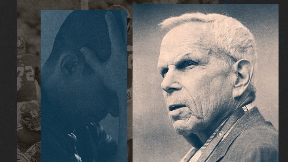 Photoillustration of Steve Tisch overlaid on an image of the Giants winning a game, next to a photo of a man with his head in his hands.