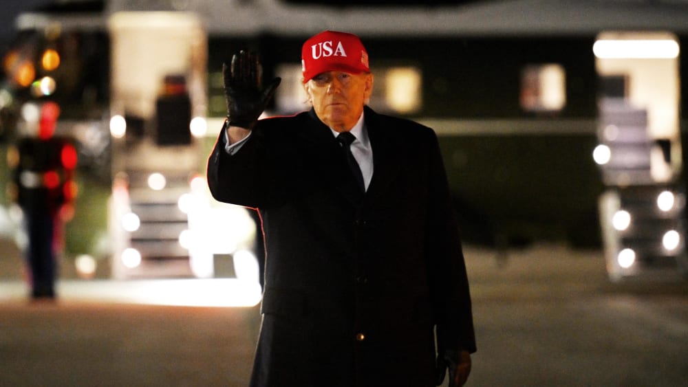 U.S. President Donald Trump prepares to board Marine One on March 1, 2026 at Joint Base Andrews, Maryland.