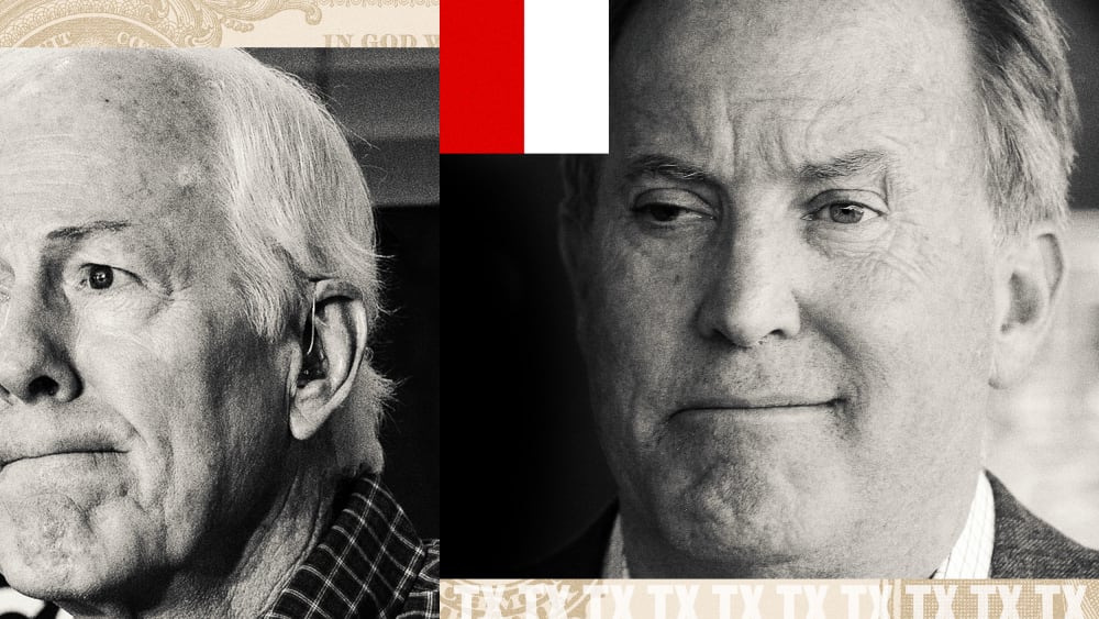 Photoillustration featuring side-by-side portraits of John Cornyn and Ken Paxton separated by the Texas state flag, with a U.S. currency fragment at the top and a repeating "TX" pattern along the bottom.