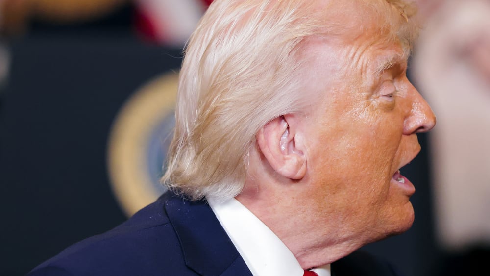 In this closeup shot Donald Trump is seen from the side.