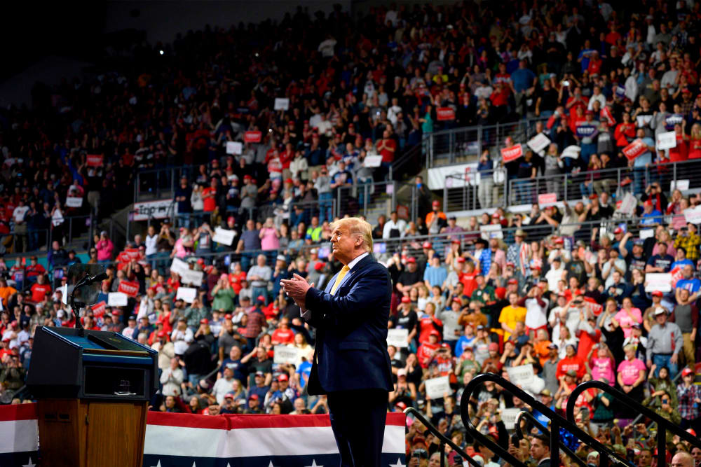 Image: President Donald Trump arrives to a rally in Colorado Springs on Feb., 20, 2020.