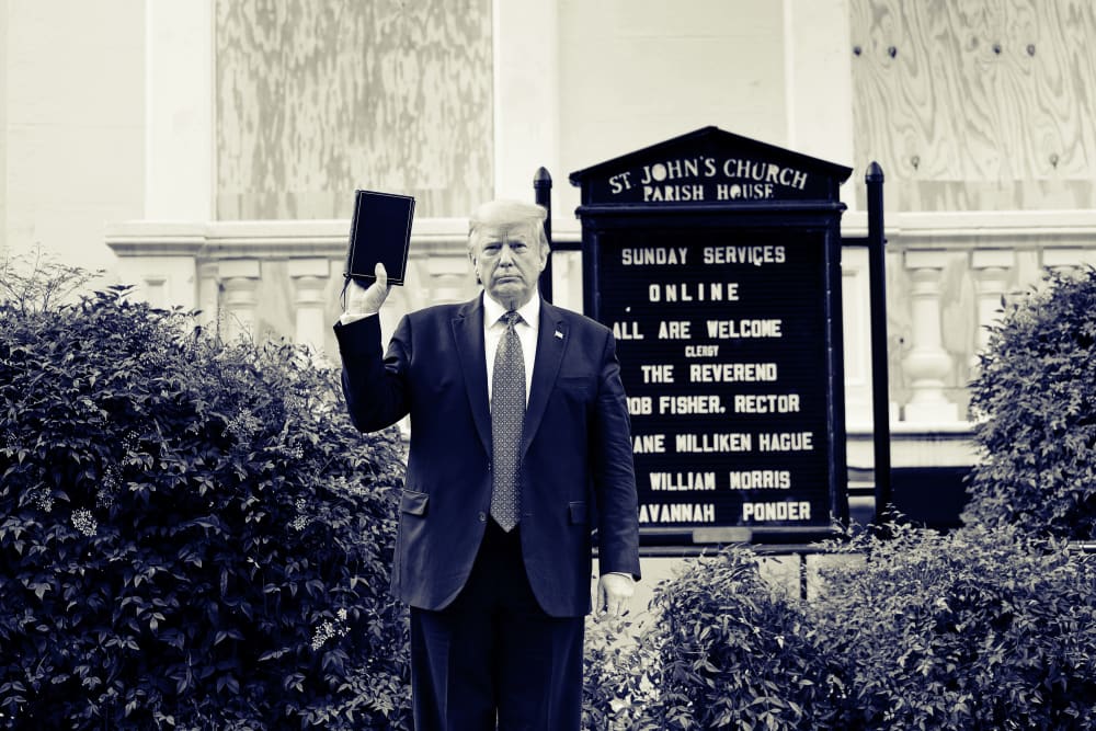 President Donald Trump holds a Bible while visiting St. John's Church across from the White House after the area was cleared of protesters on June 1, 2020.