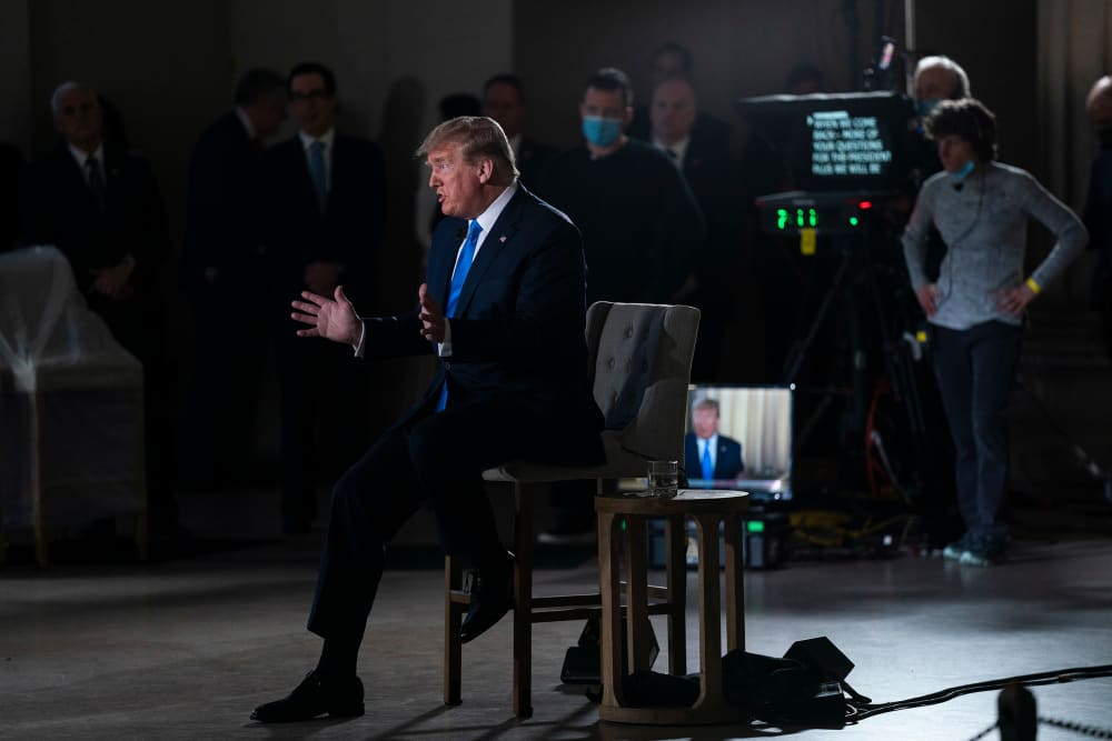 Image: President Donald Trump speaks during a Fox News virtual town hall from the Lincoln Memorial