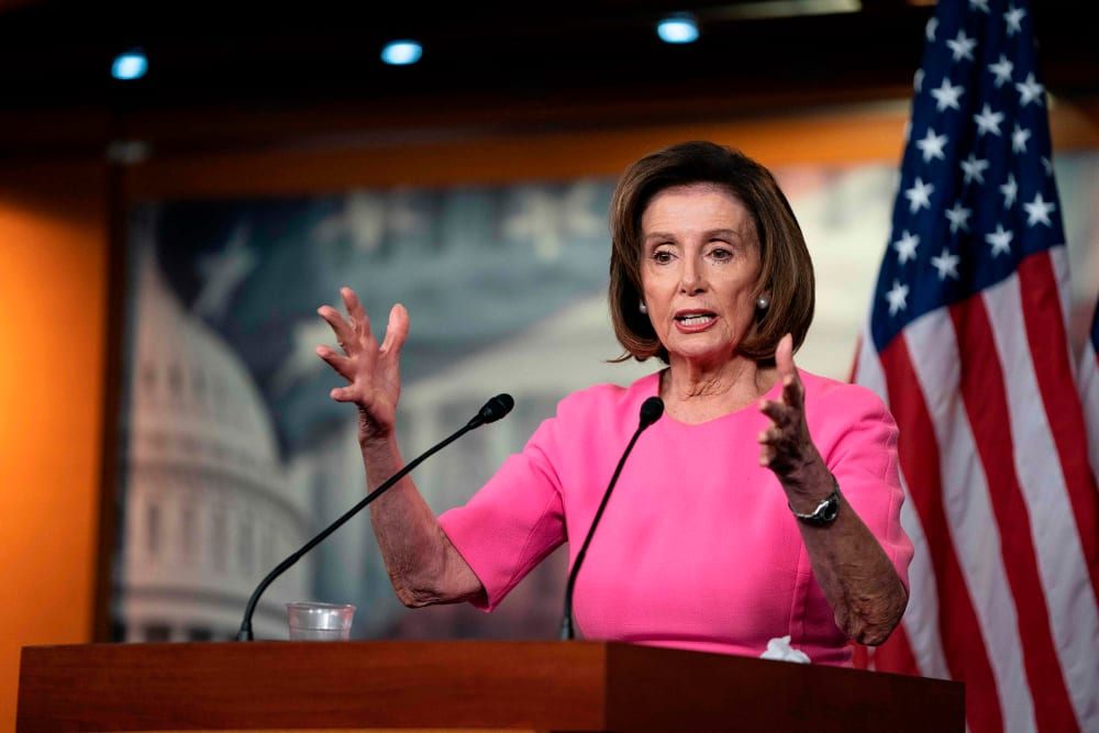 Image: House Speaker Nancy Pelosi speaks with reporters during her weekly press conference at the U.S. Capitol,