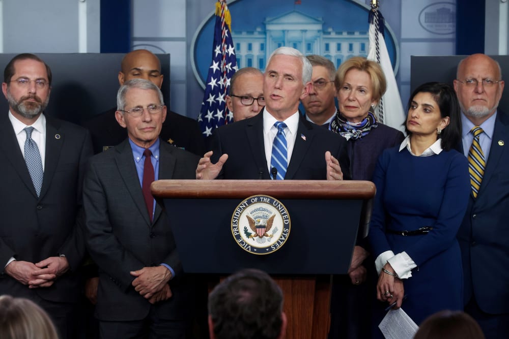 Image: Vice President Mike Pence addresses reporters during his daily Coronavirus Task Force news briefing at the White House
