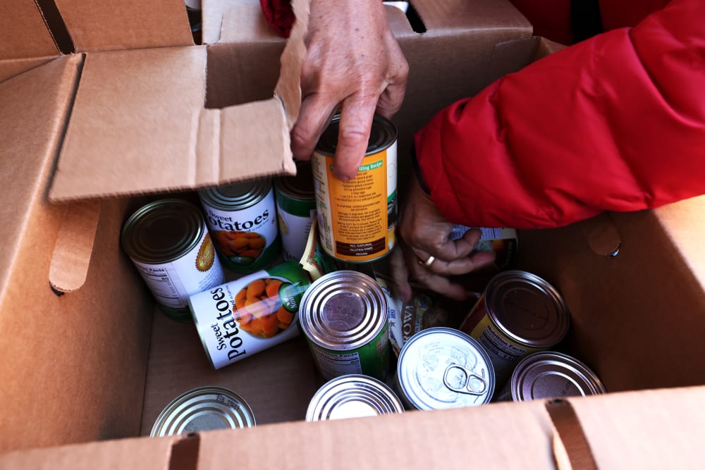 Image: Hands sort through cans of sweet potatoes in a cardboard box