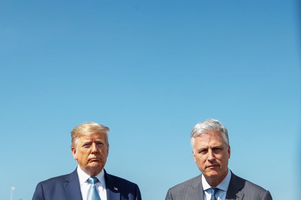 U.S. President Trump talks to news media with new national security adviser O'Brien in Los Angeles