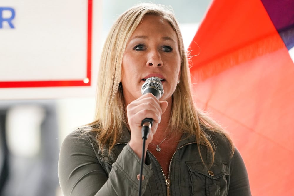 Image: FILE PHOTO: Marjorie Taylor Greene speaks a news conference in Dallas