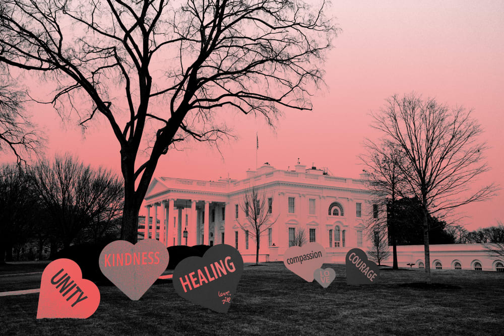 Image: Valentine's Day messages decorate the White House lawn on Feb. 12, 2021. First lady Jill Biden organized the installation.