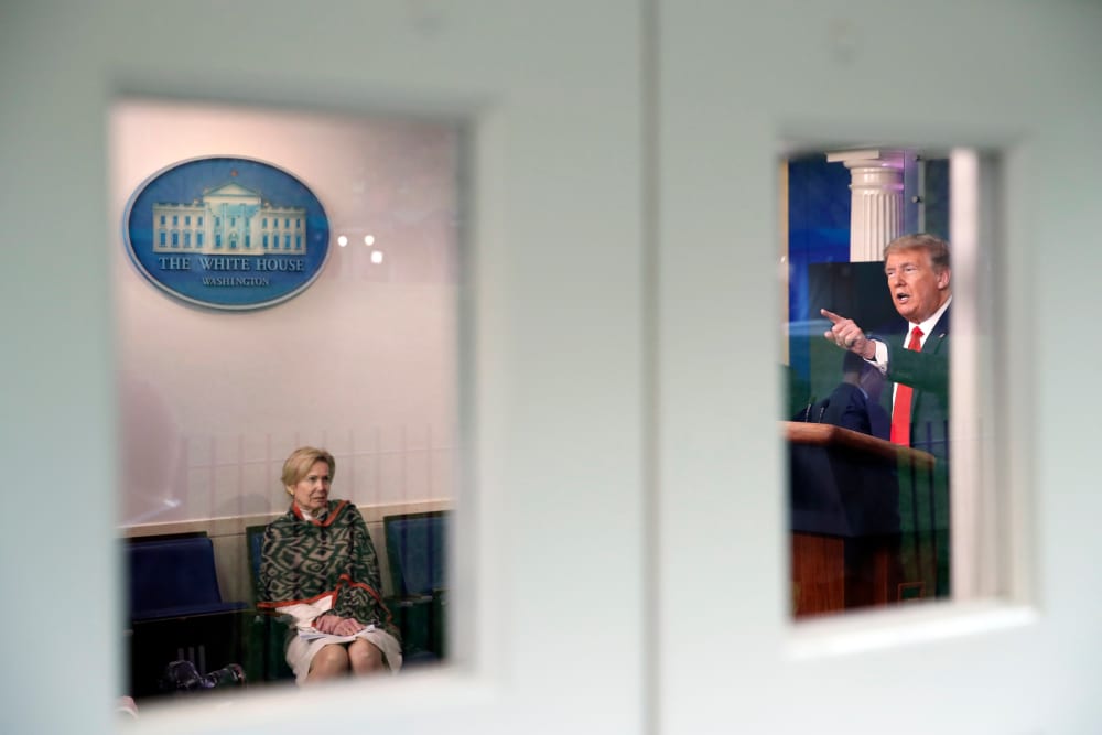 Image: Dr. Deborah Birx listens to President Trump in the White House briefing room.