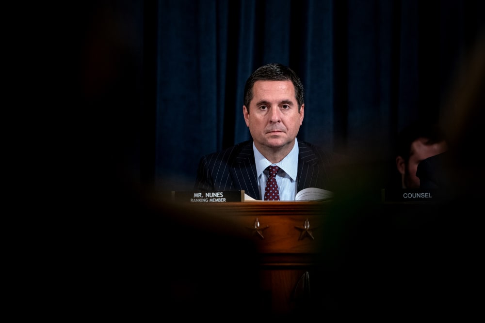 Image: Rep. Devin Nunes, R-CA, looks on during testimony at a House Intelligence Committee hearing on the impeachment inquiry into President Donald Trump on Nov. 20, 2019.