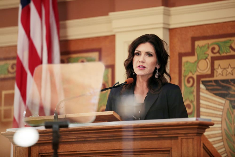 South Dakota Gov. Kristi Noem addresses the Legislature, Tuesday, Feb. 9, 2021, at the Capitol in Pierre, S.D.