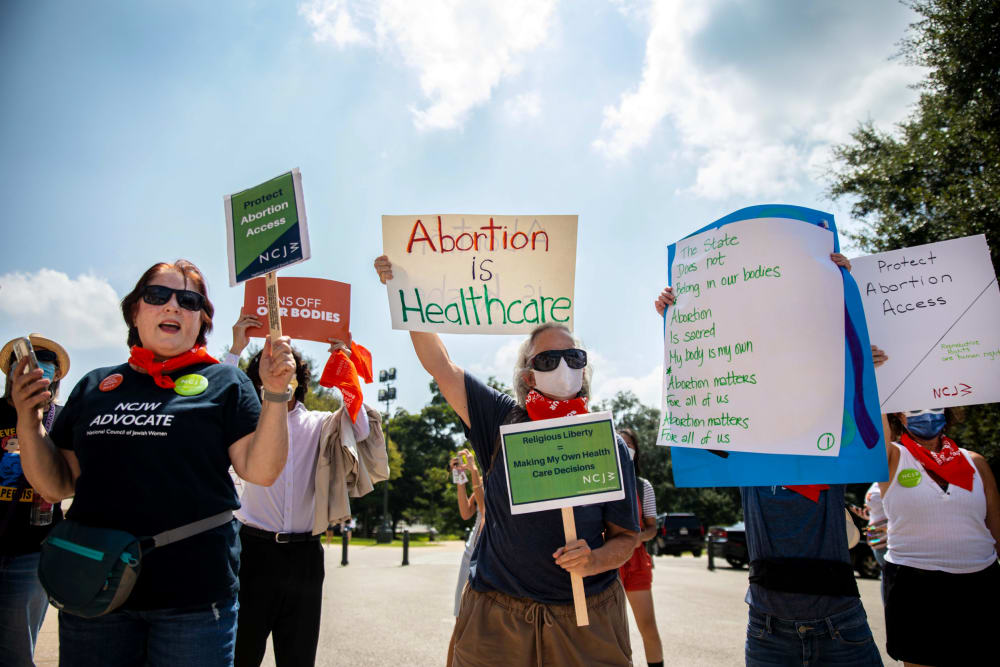 Image: A protest in support of abortion access outside the Capitol in Austin, Texas, on Sept. 1, 2021.