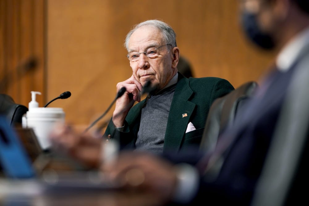 Image: Sen. Chuck Grassley, R-Iowa, questions Deputy Treasury Secretary nominee Adewale Adeyemo during his Senate Finance Committee nomination hearing on February 23, 2021 at Capitol Hill.