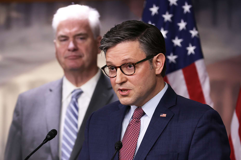 U.S. Speaker of the House Rep. Mike Johnson and House Majority Whip Rep. Tom Emmer at the U.S. Capitol.