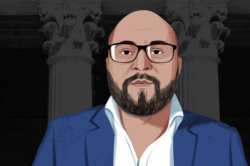 Jordan Rubin, illustrated, with the Supreme Court columns.