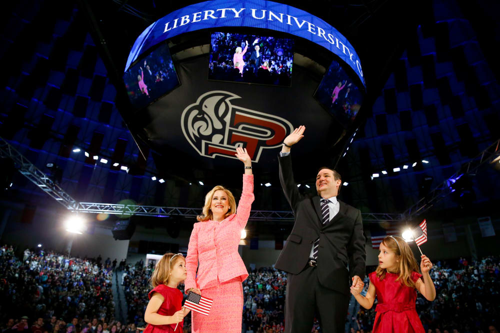 Sen. Ted Cruz, R-Texas, his wife Heidi, and their two daughters Catherine, 4, left, and Caroline, 6, right, after he announced his campaign for president, March 23, 2015, at Liberty University, in Lynchburg, Va. (Photo by Andrew Harnik/AP)