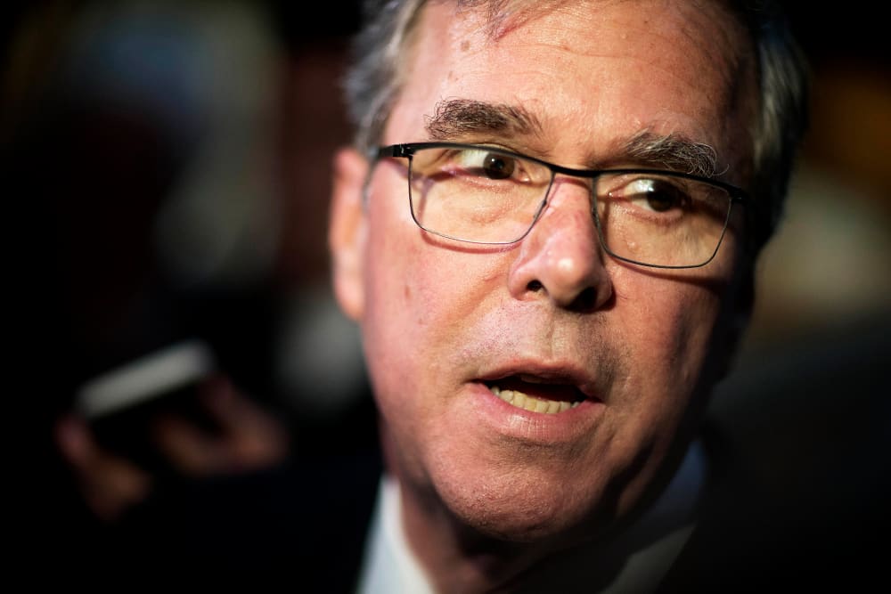 Former Florida Gov. Jeb Bush talks to the media while visiting the Georgia Capitol, on March 19, 2015, in Atlanta. (Photo by David Goldman/AP)