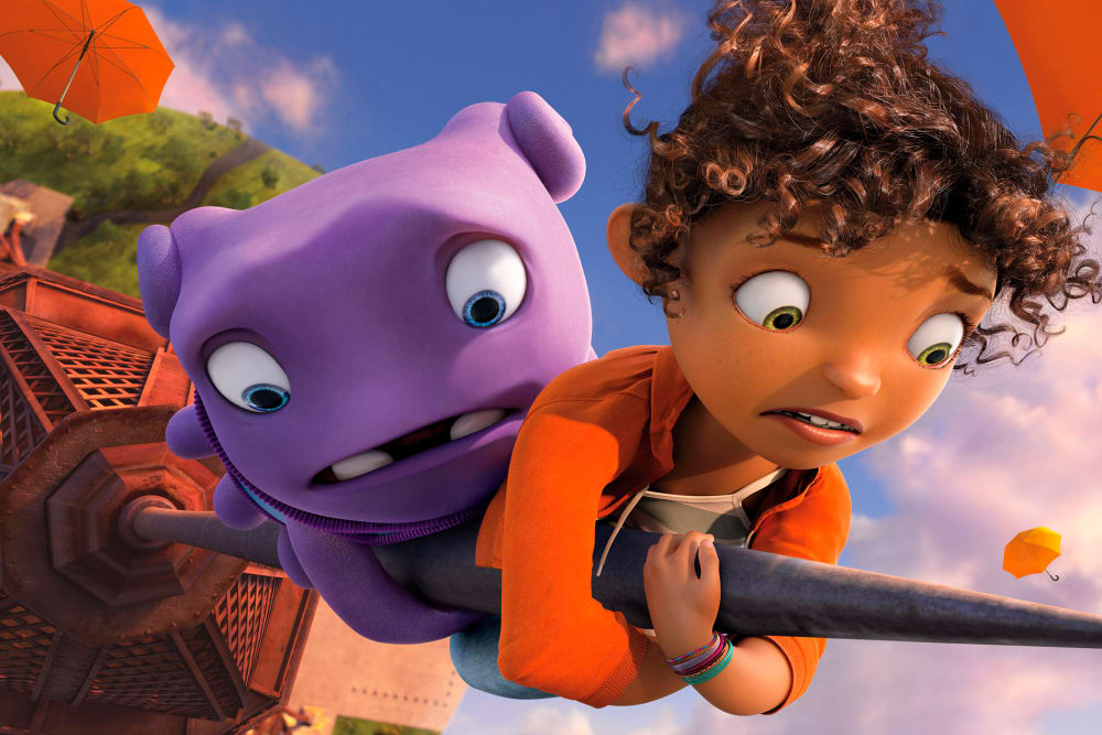 This photo released by DreamWorks Animation shows Oh, left, (voiced by Jim Parsons) and Tip (voiced by Rihanna) in DreamWorks Animation's "Home."