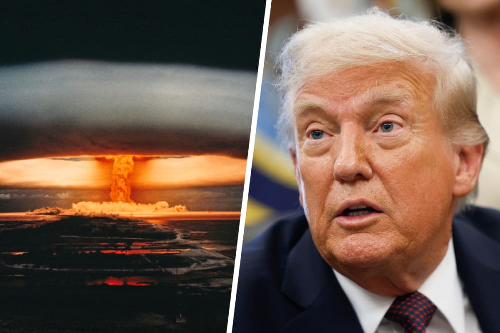 Nuclear explosion and atomic mushroom cloud; Donald Trump.
