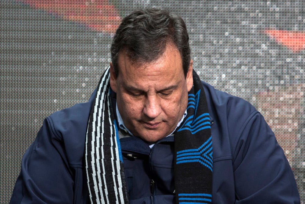 New Jersey Governor Chris Christie sits on stage during the Super Bowl ceremony in New York on Feb. 1, 2014.