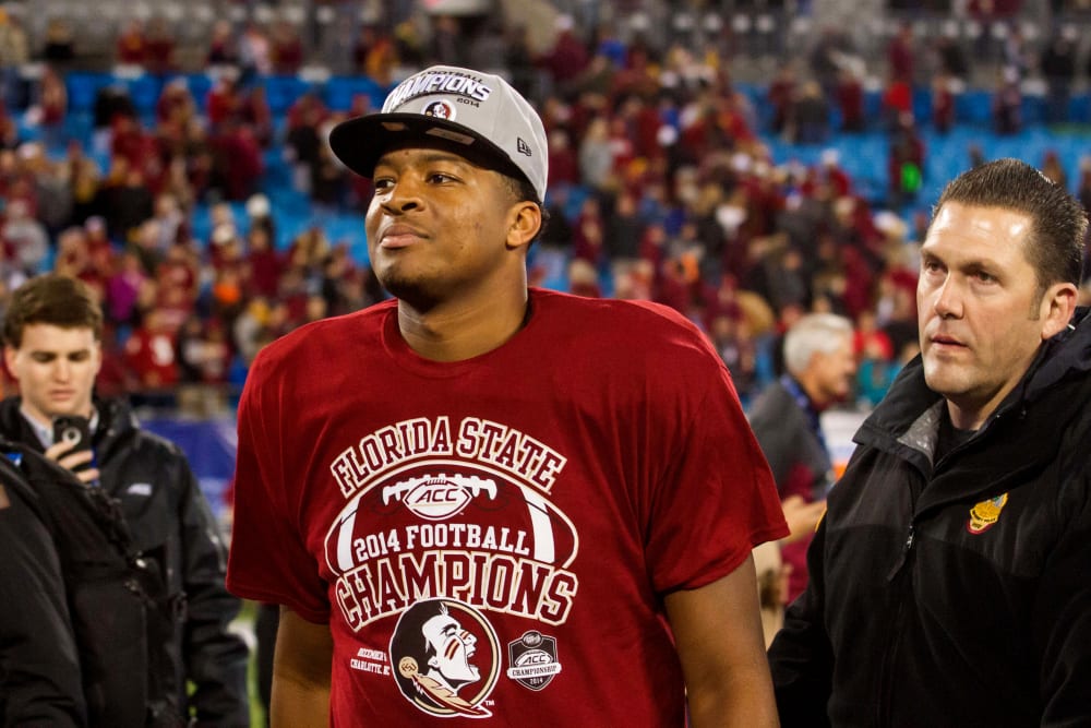 Florida State Seminoles quarterback Jameis Winston (5) walks off the field after defeating the Georgia Tech Yellow Jackets at Bank of America Stadium. FSU defeated Georgia Tech 37-35. (Photo by Jeremy Brevard/USA Today via Reuters)