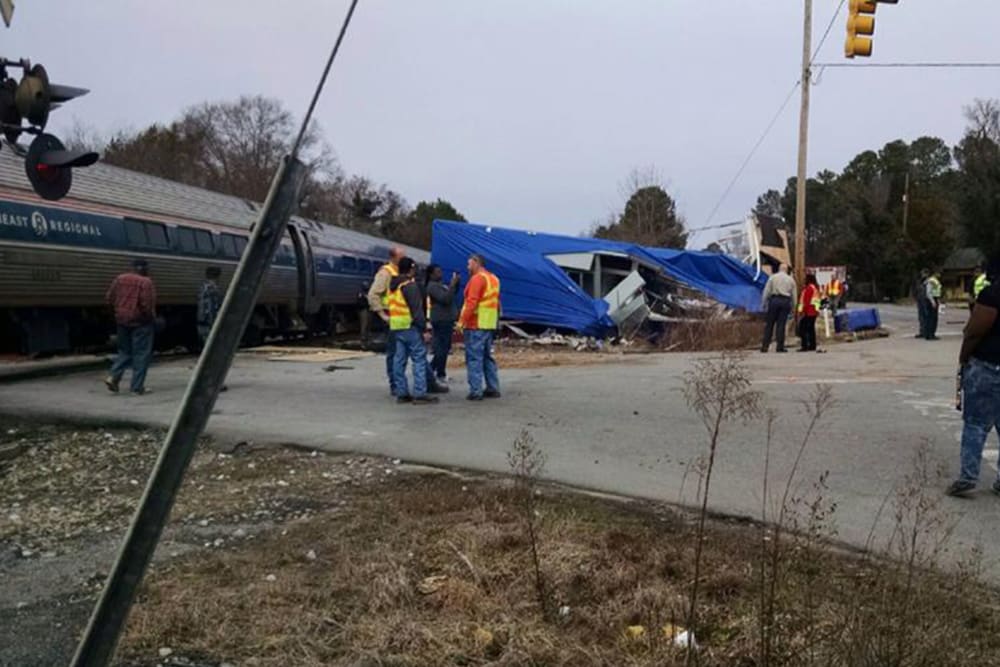 An Amtrak train derails in North Carolina after colliding with a truck. (Photo by Lance Martin via RRSpin)
