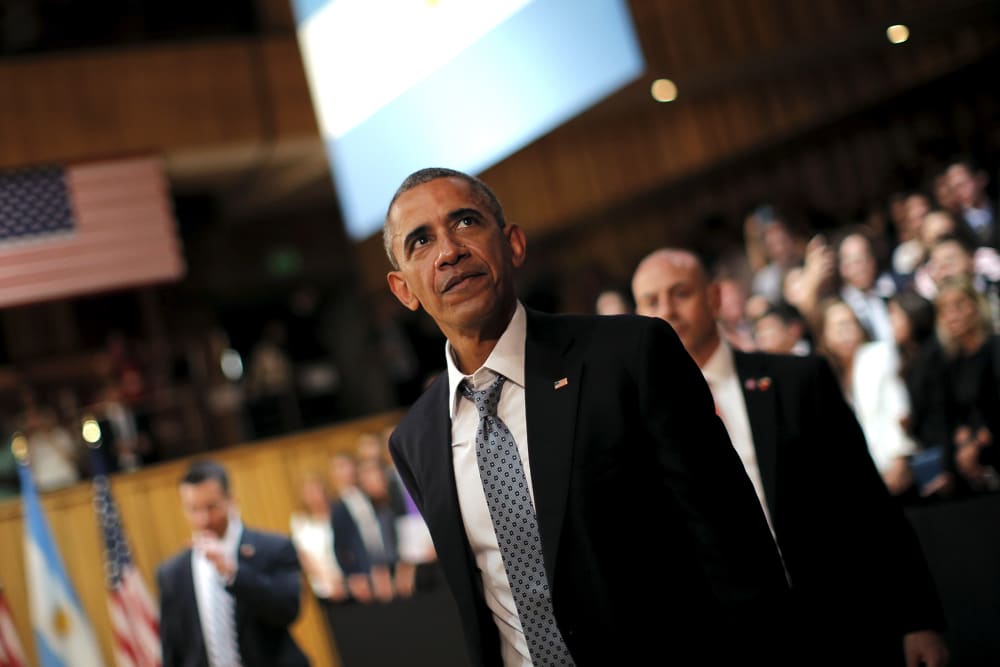 President Barack Obama leaves a town hall meeting with entrepreneurs as part of Obama's two-day visit to Argentina, in Buenos Aires, March 23, 2016. (Photo by Carlos Barria/Reuters)