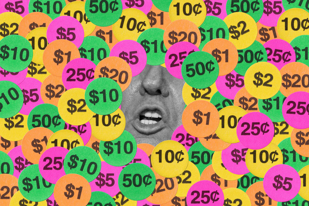 A photo of Trump surrounded by price stickers.