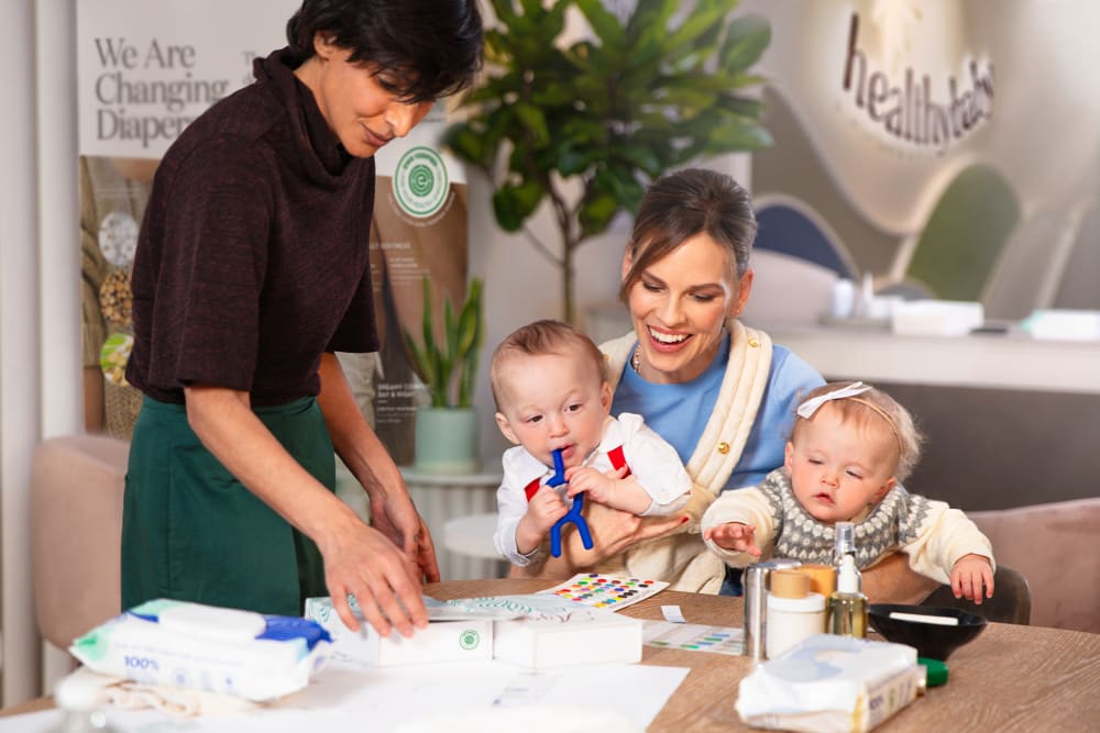 Shazi Visram with Hilary Swank with twins Ohm and Ava