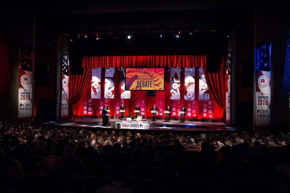 Republican Presidential candidates participate in the Republican presidential candidate debate sponsored by CBS News and the Republican National Committee at the Peace Center in Greenville, S.C., Feb. 13, 2016. (Photo by Daniel Acker/Bloomberg/Getty)