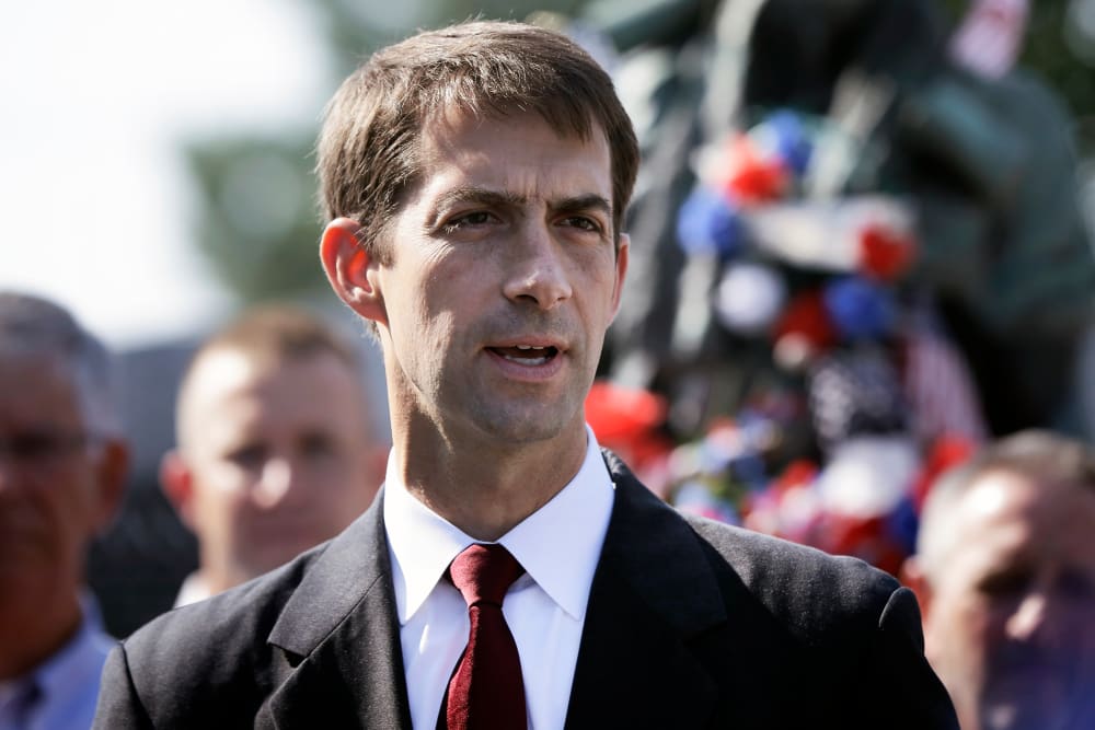 In this file photo taken July 26, 2014, U.S. Rep. and Republican candidate for U.S. Senate Tom Cotton speaks at a campaign event in Little Rock, Ark. (Photo by Danny Johnston/AP)