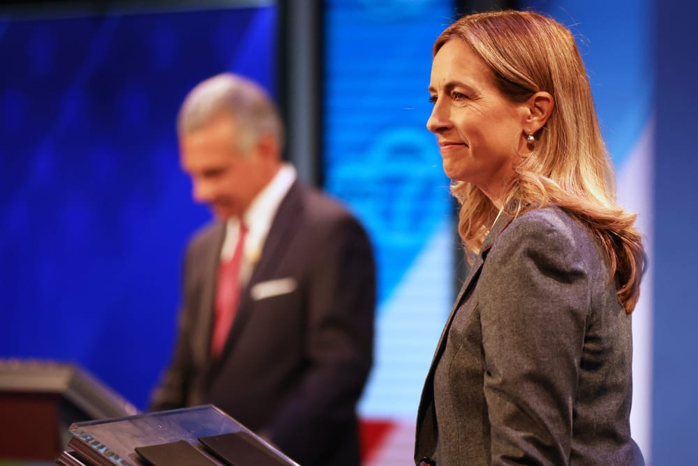 Jack Ciattarelli, left, and Mikie Sherrill at the final debate in the governor's race in New Brunswick, N.J., on Oct. 8, 2025.