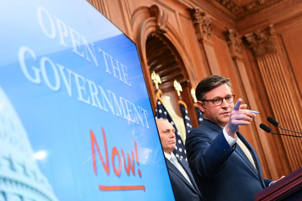 Mike Johnson during a press conference on Capitol Hill.