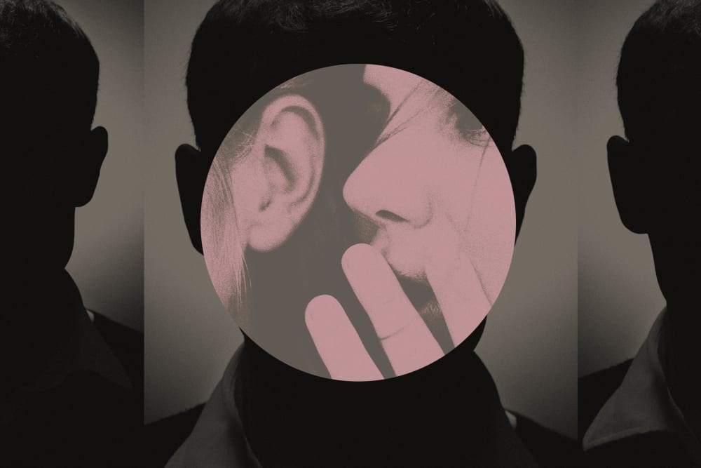 Photo illustration of shadowy man overlaid with image of woman whispering