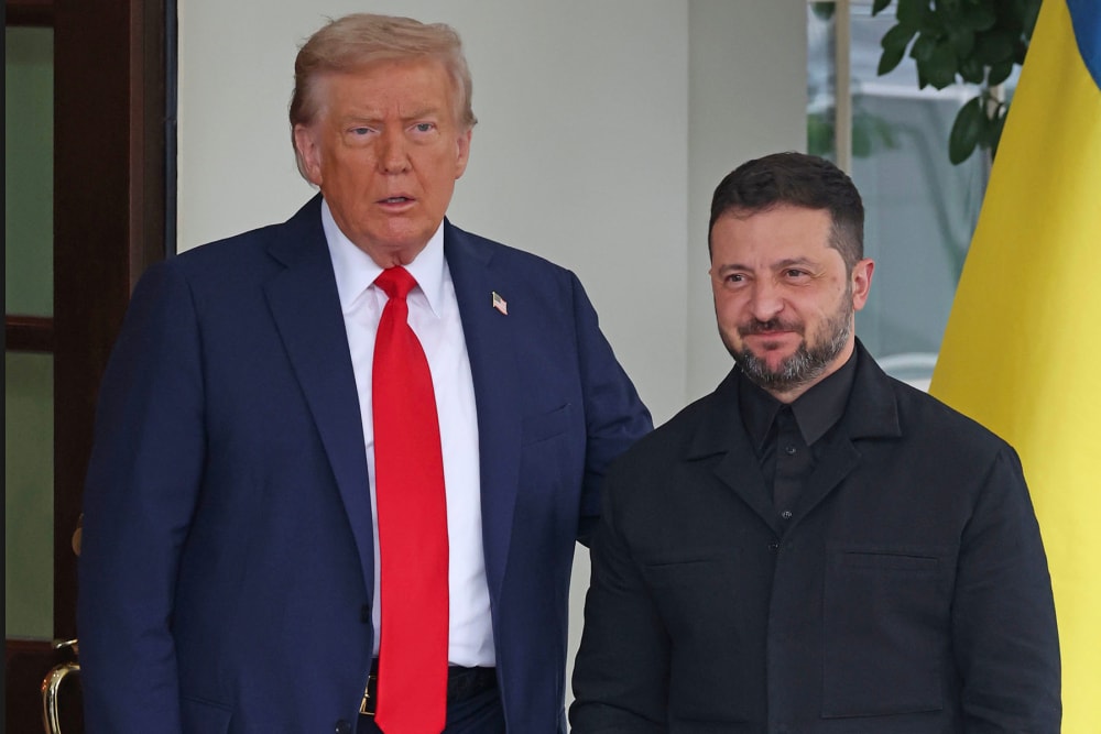 President Donald Trump greets Ukrainian President Volodymyr Zelensky at the White House on Aug. 18, 2025.