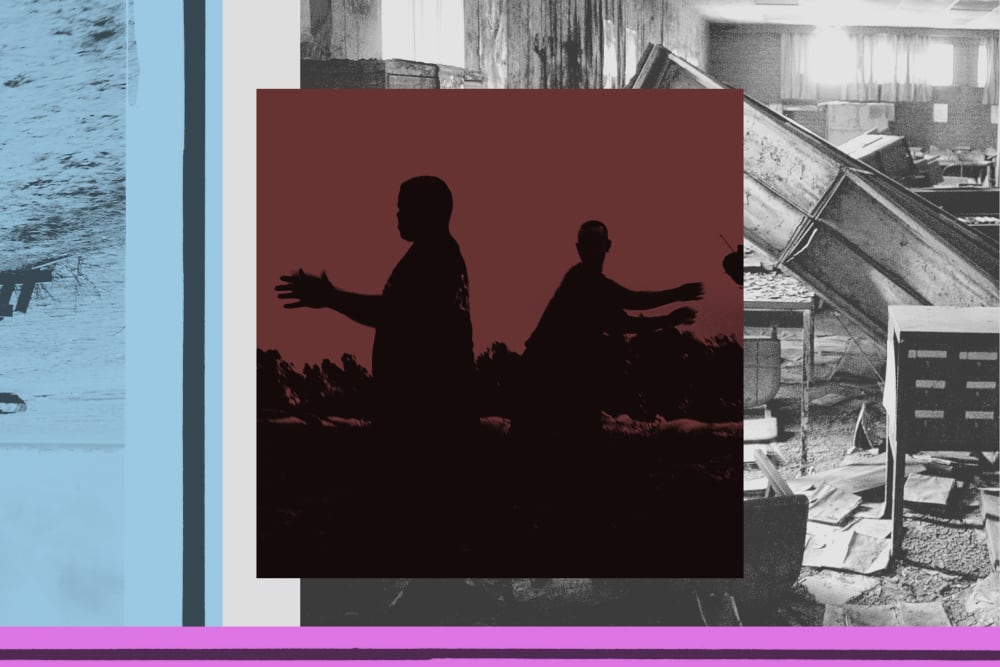 Photo collage of silhouettes against a backdrop of destruction from Hurricane Katrina