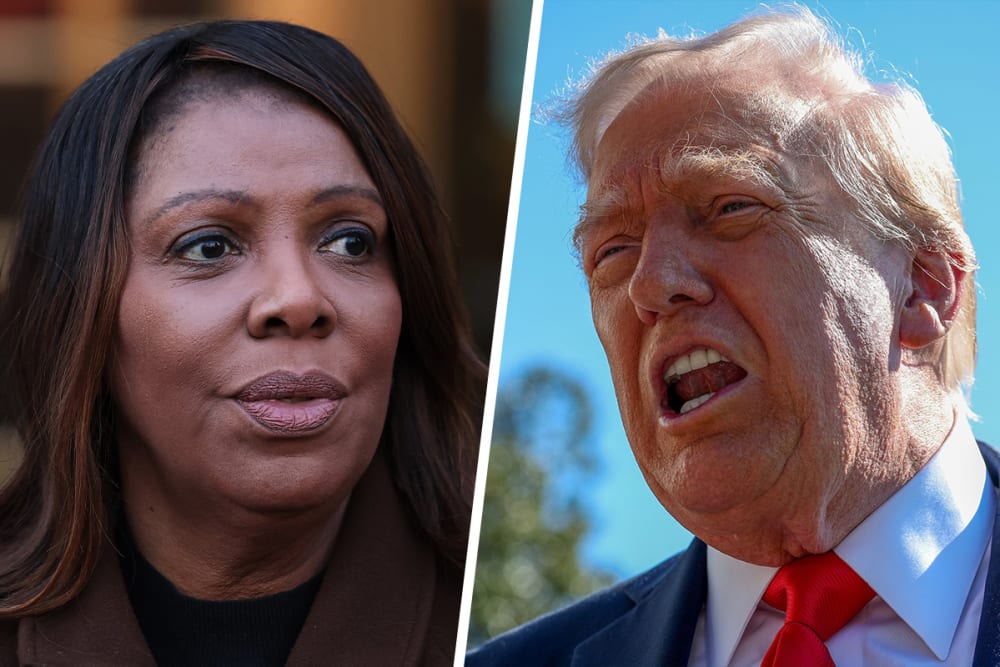 Side by side of Letitia James and Donald Trump.