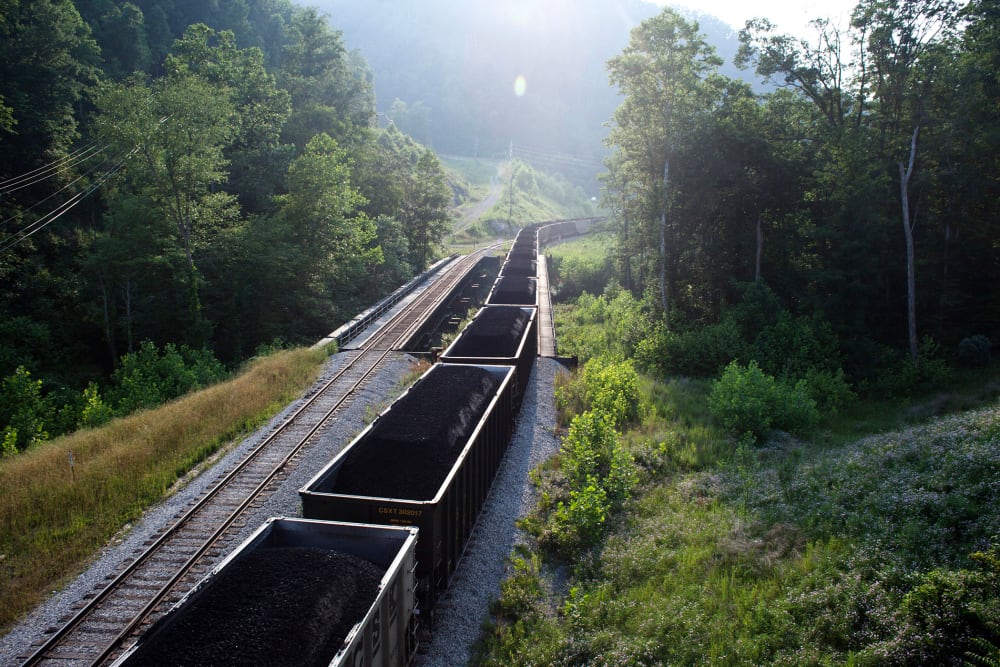 A coal train waits to leave a coal yard in rural West Virginia.