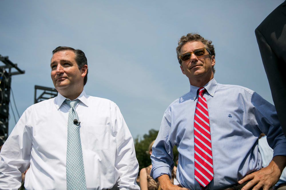 U.S. Sen. Ted Cruz (R-TX) (L) and Sen. Rand Paul (R-KY) wait to speak at an event on Sept. 10, 2013 in Washington, DC.