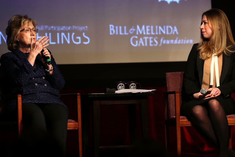 Hillary Clinton speaks at New York University with daughter Chelsea Clinton concerning the use of data to advance the global progress for women and girls on Feb. 13, 2014 in New York City.