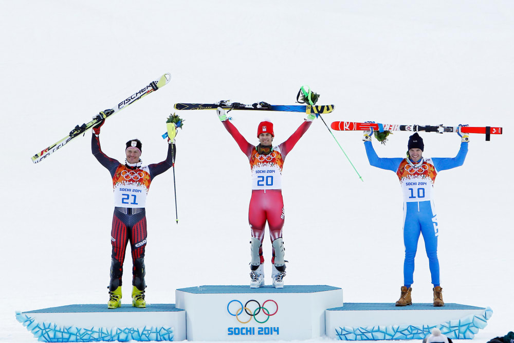 Sandro Viletta of Switzerland wins the gold medal during the Alpine Skiing Men's Super Combined. Feb.14, 2014.