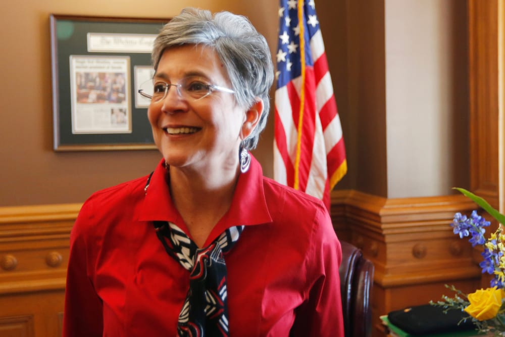 Sen. Susan Wagle, R-Wichita, and president of the Kansas Senate, talks to a reporter in her office at the Kansas Statehouse, Feb. 14, 2014.