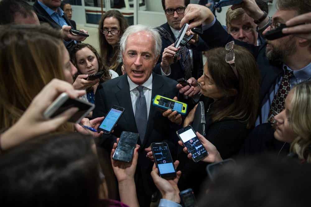 Image: Sen. Bob Corker talks to reporters