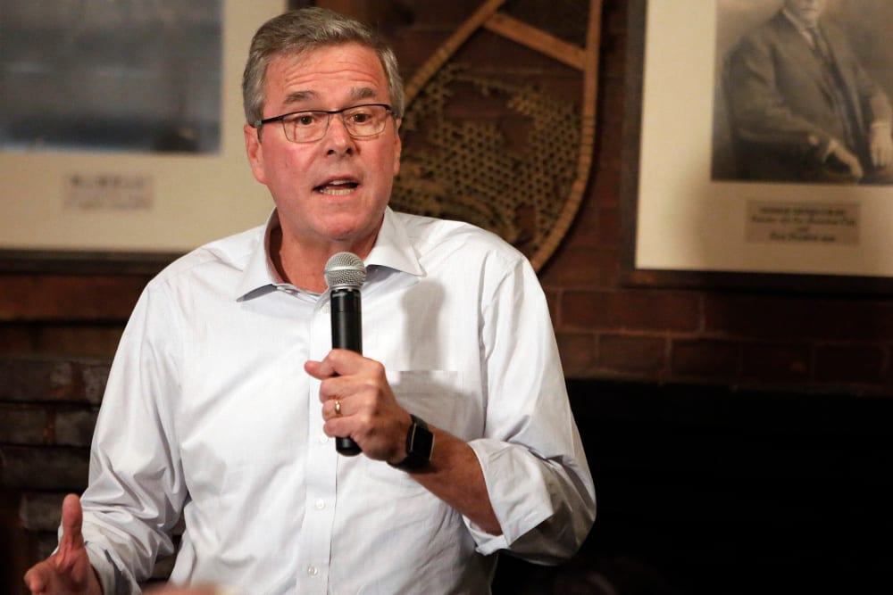 Former Florida Gov. Jeb Bush speaks to a group at a Politics and Pie at the Snow Shoe Club, April 16, 2015, in Concord, N.H. (Photo by Jim Cole/AP)