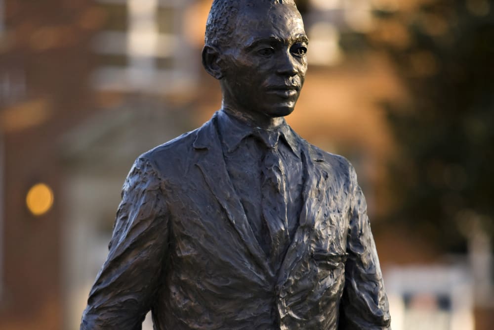 A statue of James H. Meredith is seen on the campus of the University of Mississippi.