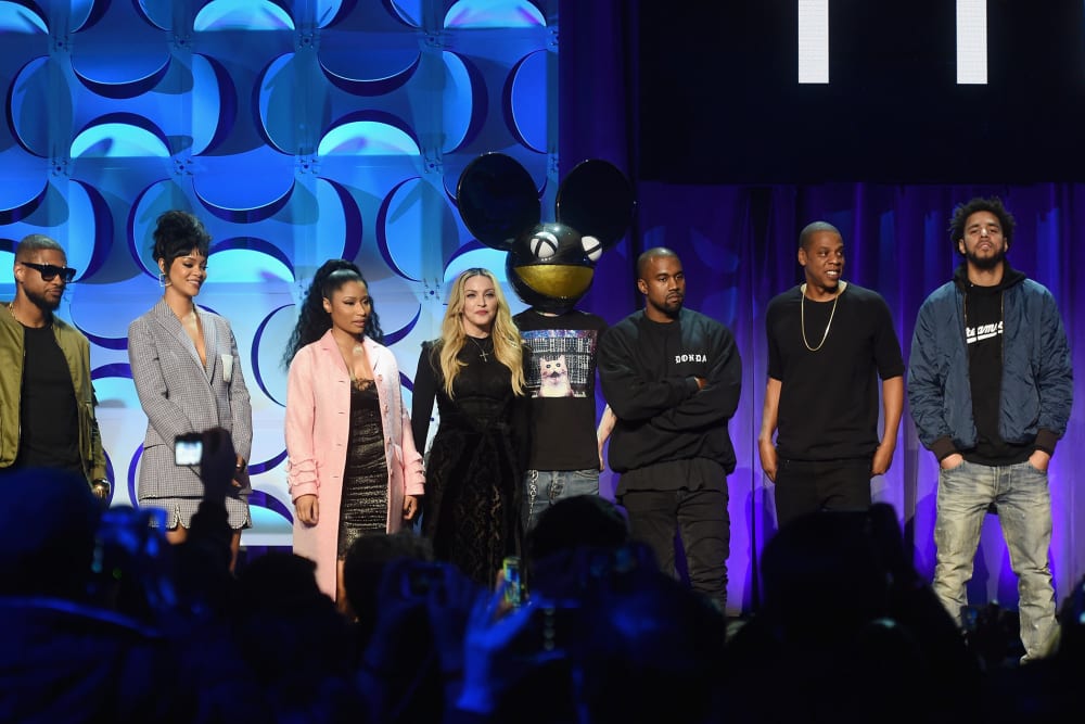 Usher, Rihanna, Nicki Minaj, Madonna, Deadmau5, Kanye West, JAY Z, and J. Cole onstage at the Tidal launch event #TIDALforALL at Skylight at Moynihan Station on March 30, 2015 in New York City.